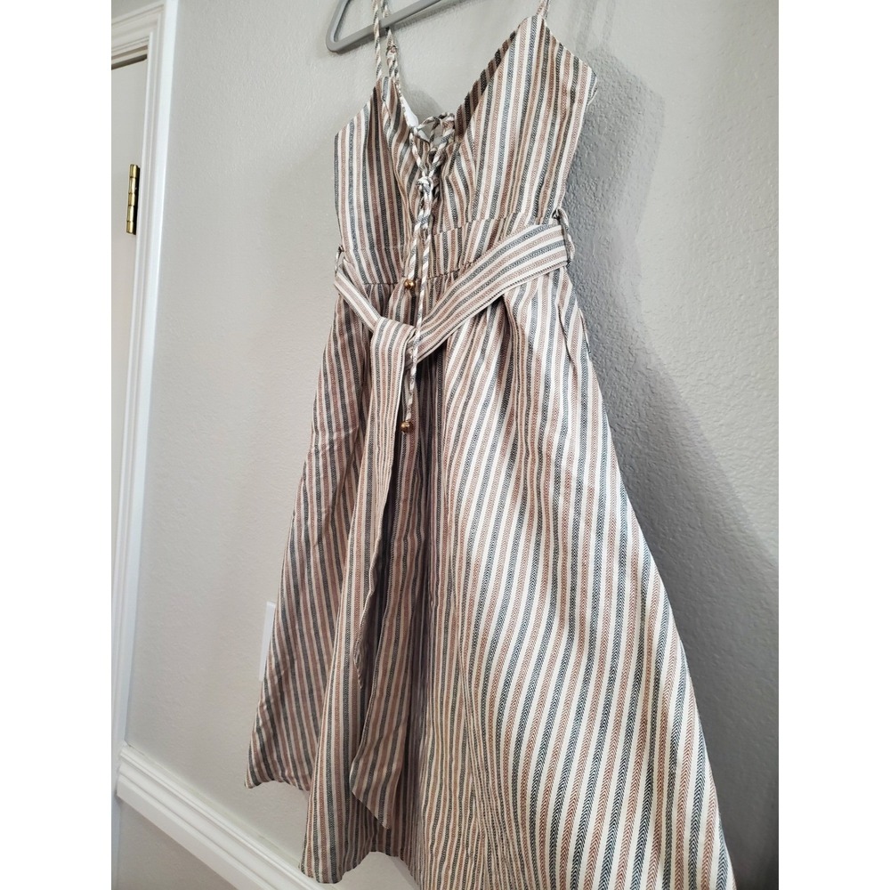 Indikah Striped Lace Up Midi Dress Neutral Tan Blue Herringbone XS - Picture 4 of 10